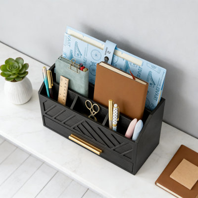 Modern Wood Desk Organizer With Drawer, Multi-Compartment Mail And File Holder For Office Supplies, Workspace And Desk Organization