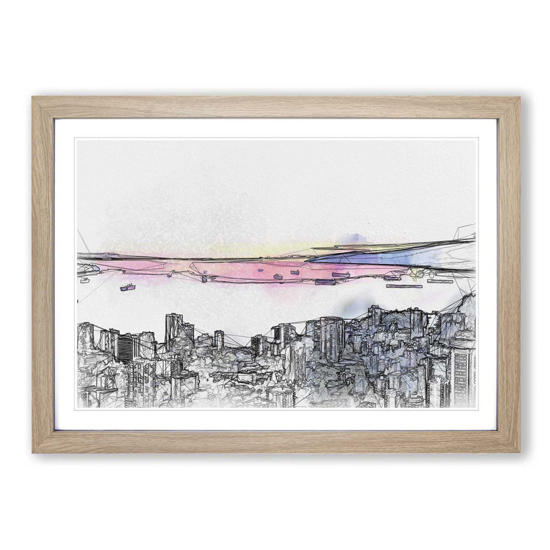 Vancouver Canada Skyline in Abstract - Picture Frame Graphic Art Print, 50cm H x 76cm W x 2cm D, Oak