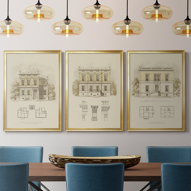 Estate and Plan III - Toile tendue avec châssis sur mesure - 3 pièces, H 30 po x l 63 po, Doré