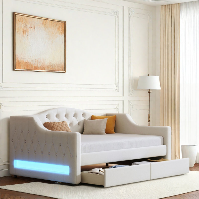 Lit de jour moderne rembourré avec ceinture à DEL, couchette et capitonnage à boutons, Beige