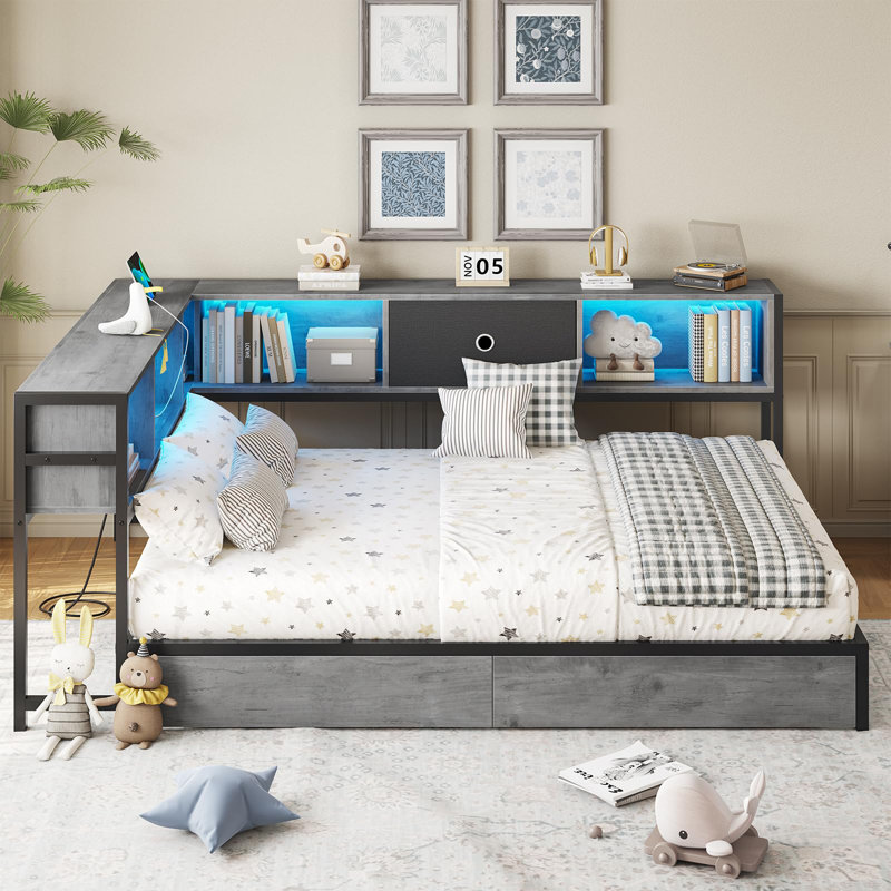 Corner Guest Bed Frame With Bookcase Storage And Led Lights, Drawers And Charging Station, Full Size Sofa Bed With Storage For Living Room, Bedroom, Guest Room, White