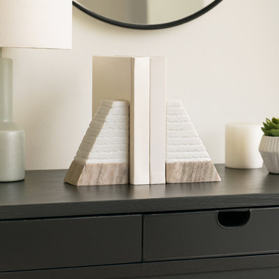 Bookends and Decorative Book Ends – Modern Bookends for Shelf Decor and Bookshelf Decor – Home Decor Pyramid Bookends with Stepped Marble Texture – Decorative Book Ends, White & Natural