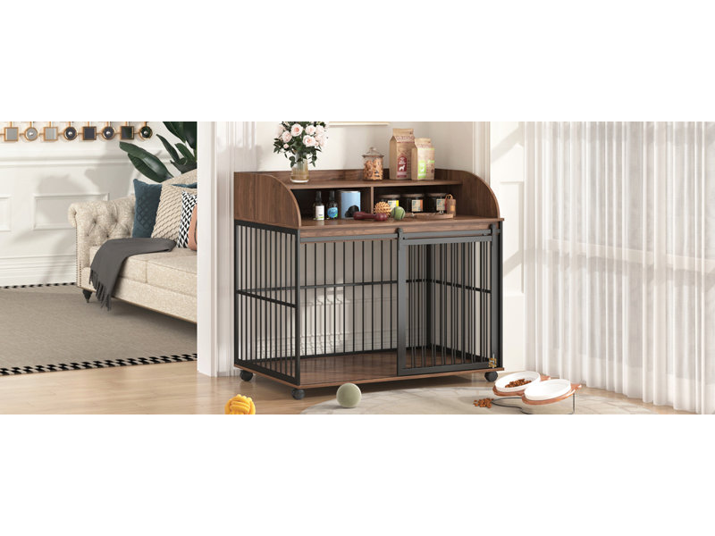 Versatile Heavy Duty Dog Crate with Lockable Wheels and Double Layer Storage