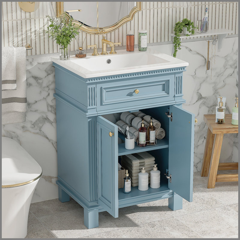 Armoire de salle de bain 24 po avec portes à fermeture douce et tablette réglable, meuble-lavabo avec lavabo en céramique