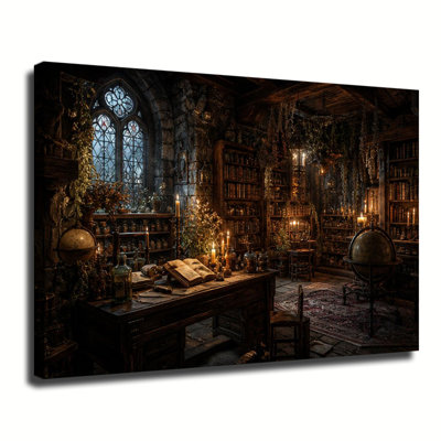 Art mural rétro sur toile avec livres antiques, bougies et bouteilles de potions