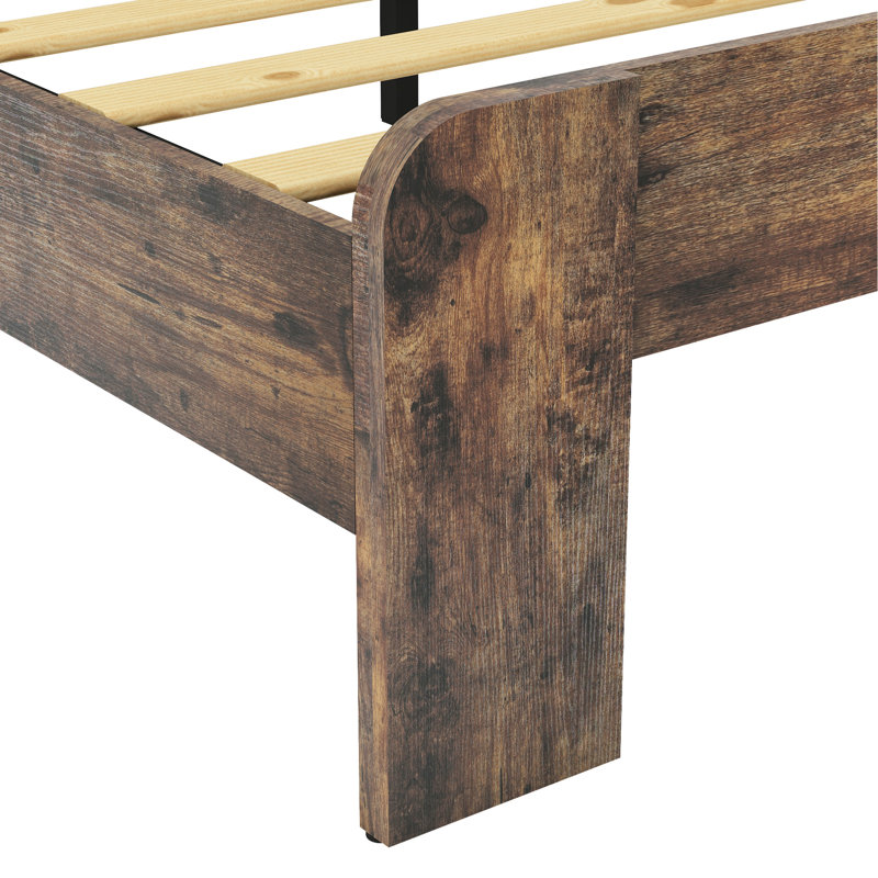Structure de lit plateforme en bois brun foncé, bruit, pas de sommier tapissier, assemblage simple, amplement de rangement sous le lit, structure en métal avec lattes solides, look industriel pour grand lit, plateforme, installation sans effort