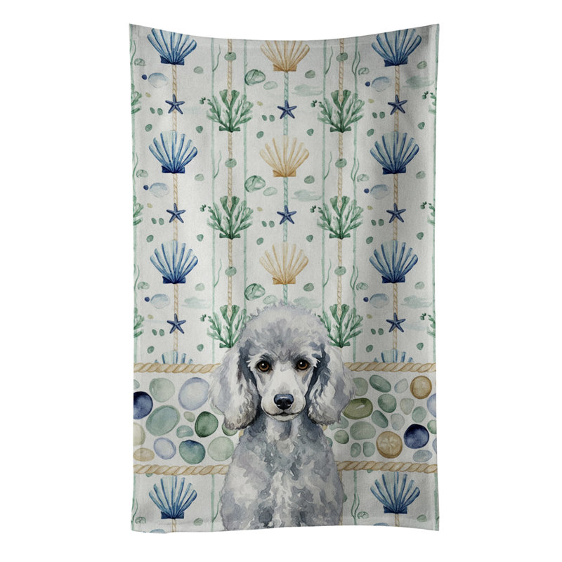 Standard Silver Poodle Coastal Sea Glass Kitchen Towel, Standard Silver Poodle