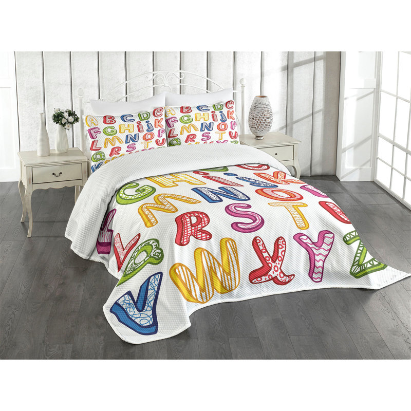 Ensemble de couvre-lit Ambesonne Science 3D lettres ABC multicolore, Couvre-lit pour très grand lit + 2 taies décorat
