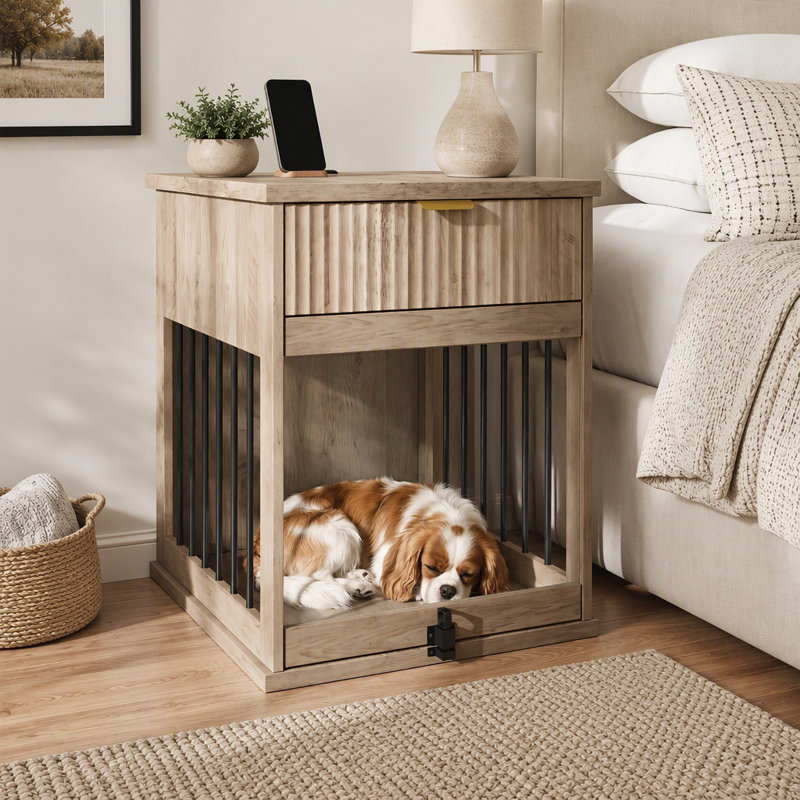 Table d'appoint 3 en 1 pour cage de chien avec station de recharge et porte en verre