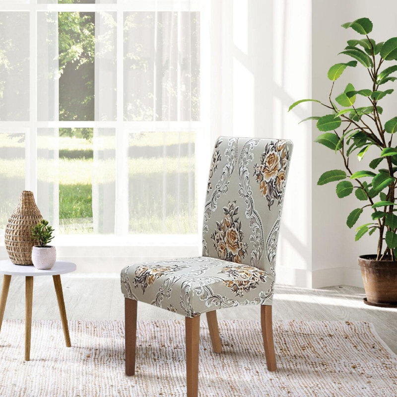 Box Cushion Dining Chair Slipcover, Beige/Grey/Orange Polyester Blend