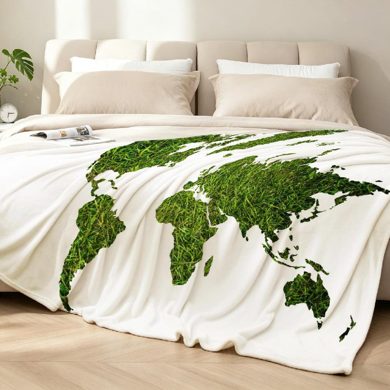 Jeté en flanelle bleue ultra douce, mappemonde avec imprimé recto, Twin 60" x 80"