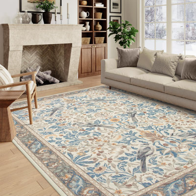 Vintage Bird Washable Area Rugs for Living Room Floral Soft Rug Low Pile Print Carpet