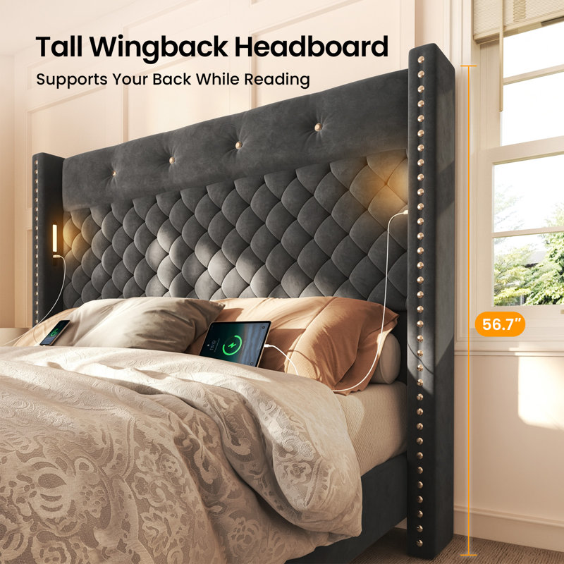 Upholstered Wingback Platform Bed, Queen