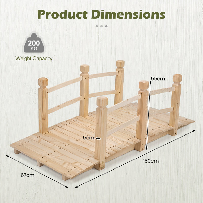 1.5M Garden Bridge Wooden Decorative Pond Bridges W/ Safety Railings, Yellow