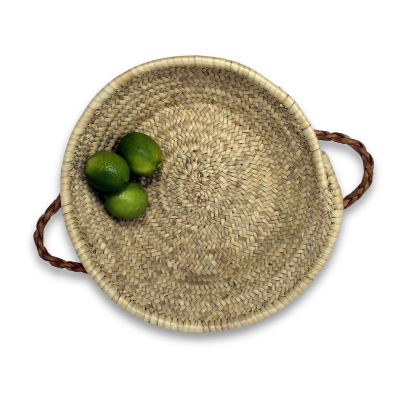 Handwoven Palm Tray with Leather handles, 2" H x 14" W x 14" D