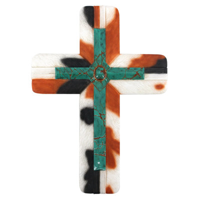 Polyresin Turquoise Accent with Cowhide Vintage Farmhouse Theme Hanging Wall Cross Décor