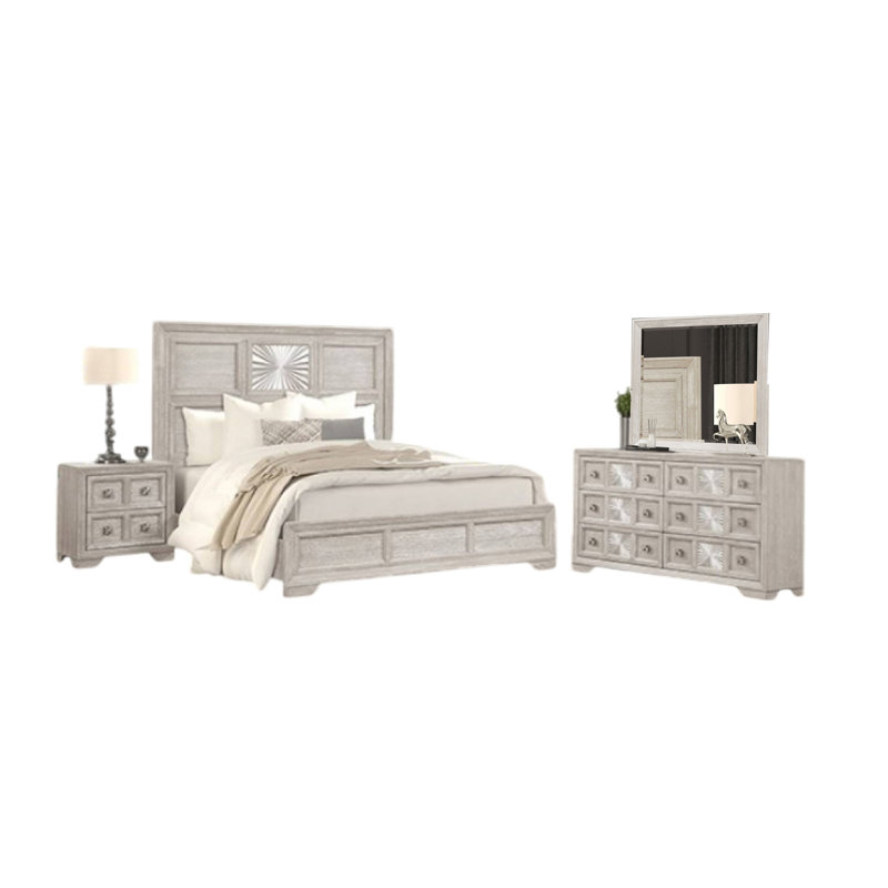 Ensemble de chambre à coucher grand lit 4 pièces Diaz, miroir de commode gris clair Diaz