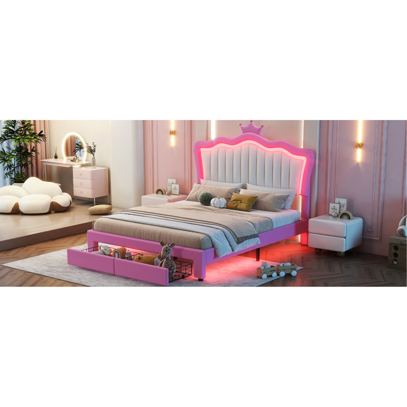 Lit double pleine grandeur avec tête de lit tapissier et lumières à DEL, rangement à 2 tiroirs rose et blanc