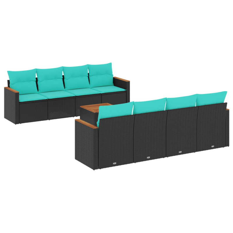 Ensemble de canapé de patio 9 pièces avec coussins en rotin de polyester, Bleu clair, Noir
