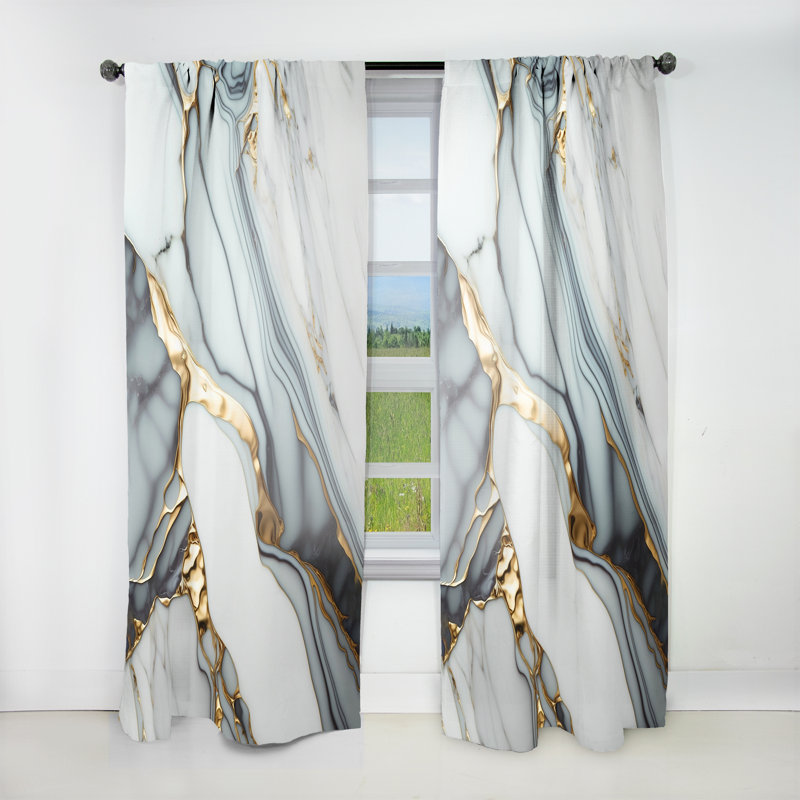 Abstract Geode Gold And White Marble V - Abstract Marble Curtain - Velvet Room Darkening - 1 panel, 52" W x 90" L