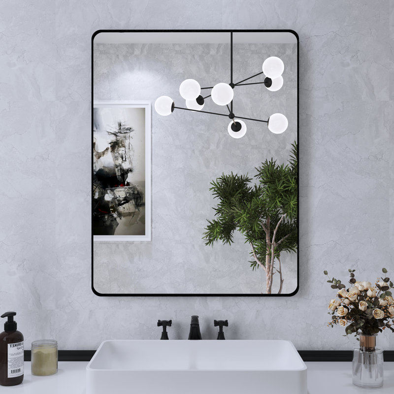 Miroir de salle de bain mural et d'angle Lesamuel, 28 po x 36 po, Noir, Rectangulaire