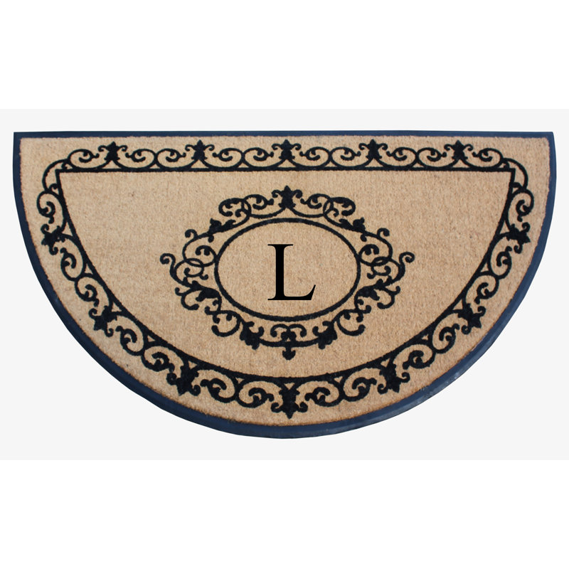 Bahily Floral Border Natural Coir & Rubber Hand-Flocked Monogram Door Mat, 36"x72", Heavy-Duty Outdoor Front Porch Entrance Doormat