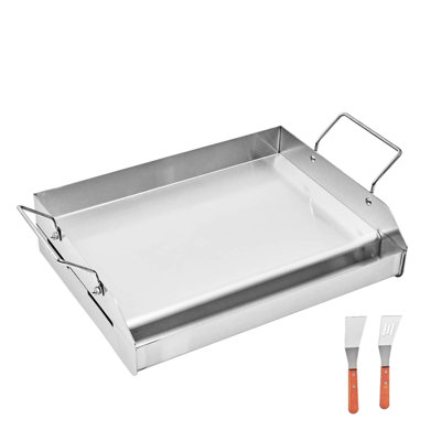 Plaque de cuisson en acier inoxydable 17 x 13 po pour barbecue universel - Résistance aux hautes températures, poignées amovibles, bac à graisse, rebords latéraux pour retenir les aliments, fabriquée en acier inoxydable résistant jusqu'à 500 °F (260 °C), aérations creuses.