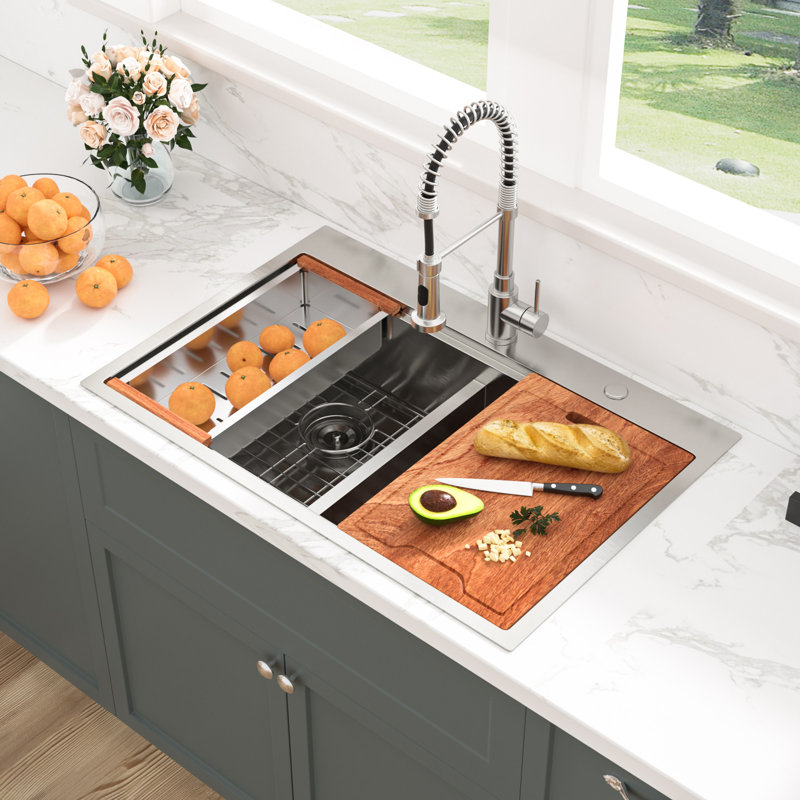 33'' L Drop-In Kitchen Sink 50/50 Short Height Divider Double Bowl 16 Gauge Stainless Steel Workstation Sink with Accessories