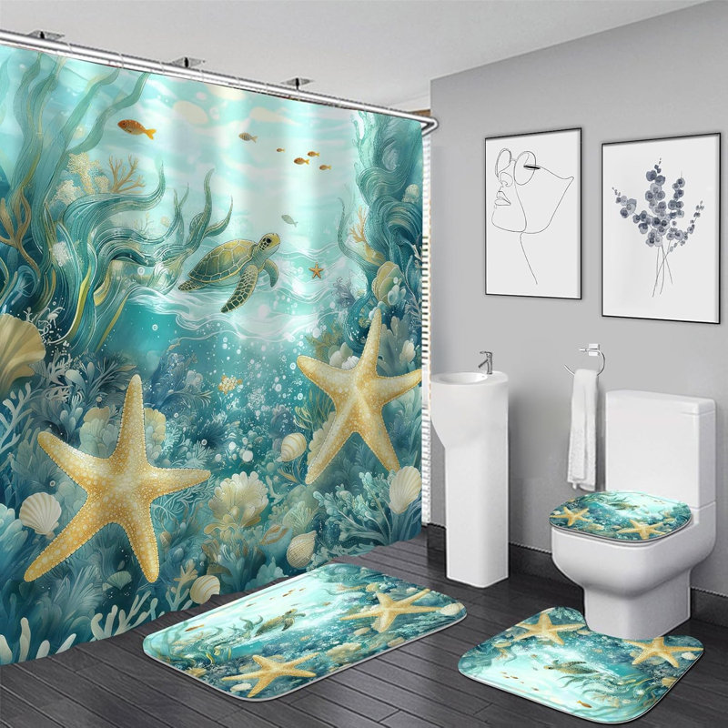 Ocean Sea Turtle Starfish Shower Curtain Sets 4-Piece Non-Slip Bathroom Accessory