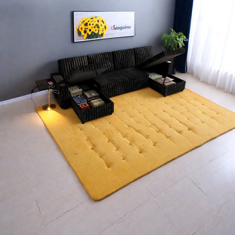 Très grand canapé modulaire en velours côtelé en forme de U avec rangement, canapé-lit et USB pour les salons modernes, noir