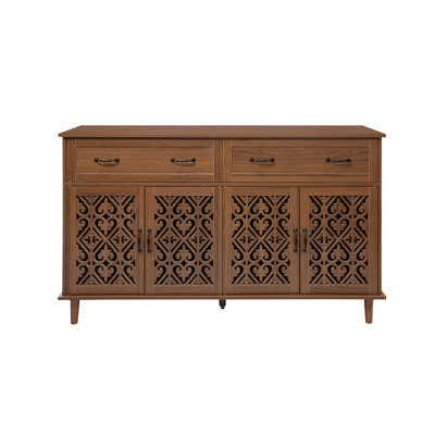 Vintage Sideboard Buffet Cabinet With Hand-Carved Hollow Doors,2 Drawers & 4 Doors Storage Cabinet, Metal Handles, 13 Cm Raised Legs For Easy Cleaning, For Living Room