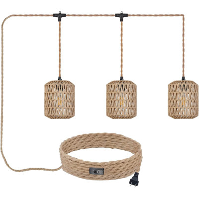 Boho Rattan Plug-In Pendant Light With 22Ft Cord And On/Off Switch, Hand Woven Wicker Chandelier For Bedroom, Kitchen, Hallway, And Foyer