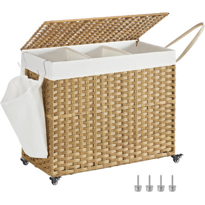 Panier à linge avec couvercle, 42,3 gallons (160 L), panier à linge sur roulettes, rotin synthétique à 3 sections, naturel