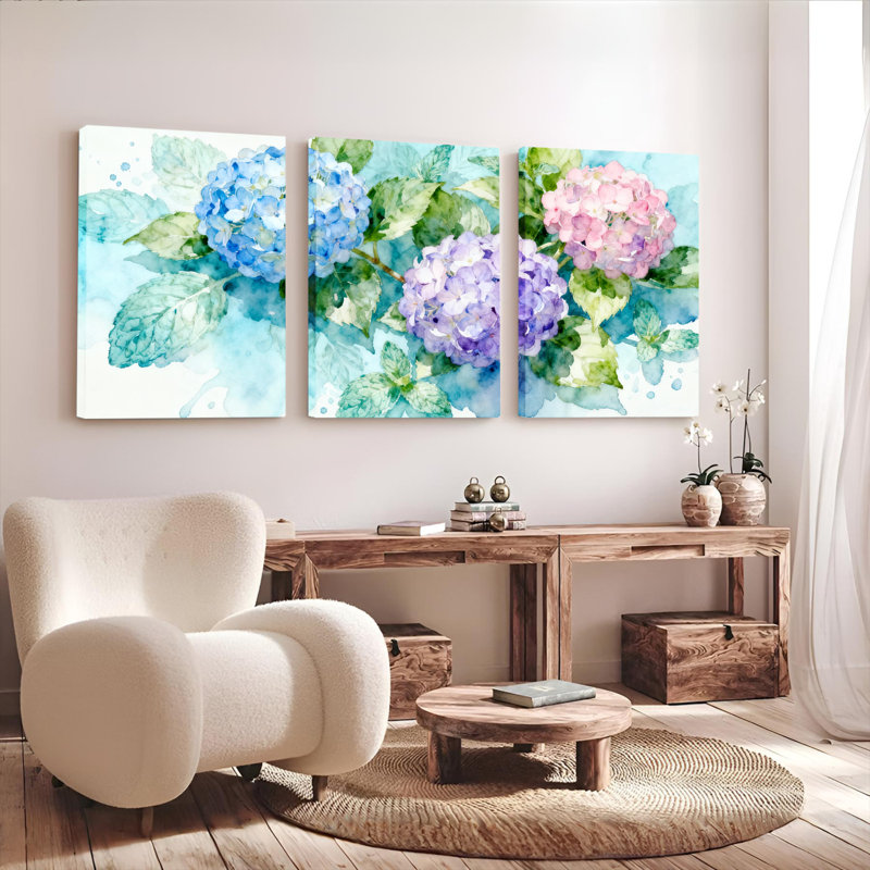 Aquarelle, hortensia, art mural sur toile, reproduction de peinture à l'huile (ensemble de 3), H 18 po x l 36 po