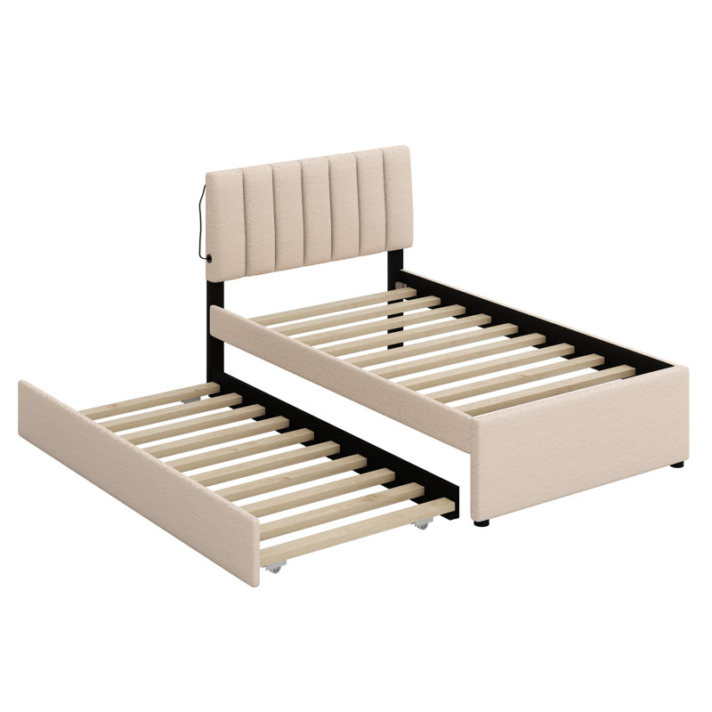 Lit plateforme tapissier avec lit gigogne, Beige