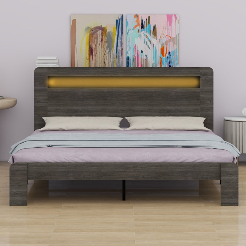 Structure de lit plateforme avec tête de lit à DEL avec rangement et 2 USB, grand rangement sous le lit, Très grand