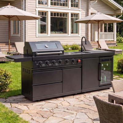 Îlot de barbecue au gaz à 6 brûleurs 84 po avec évier, réfrigérateur et comptoir en granite 84 po