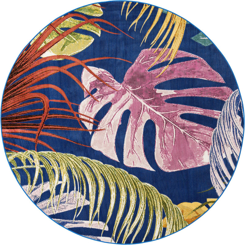 Tapis bleu marine / rose / jaune Lavern, Rond 7 pi