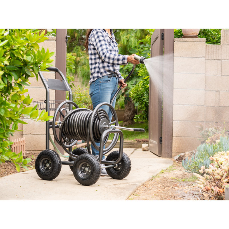 Heavy Duty Black Metal Garden Hose Reel Cart with Pneumatic Wheels