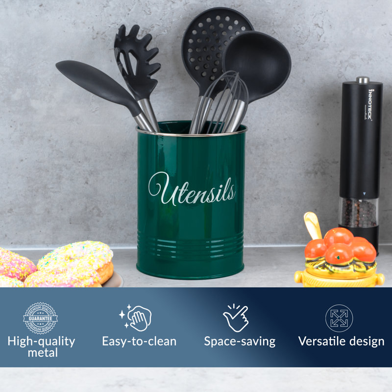 Metal Round Utensil Crock, Green