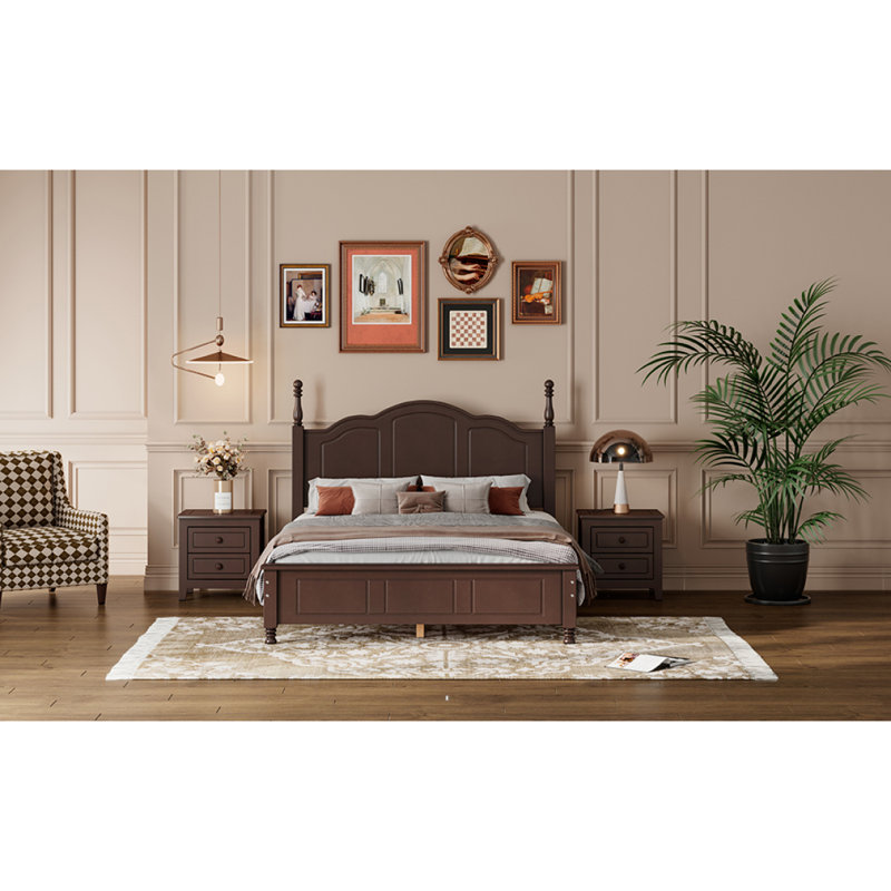 Ensemble de chambre à coucher 3 pièces, lit plateforme en bois et deux tables de chevet