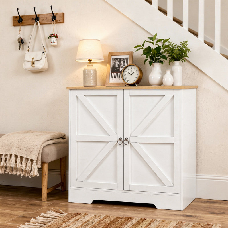 32”Farmhouse Sideboard with Adjustable Shelves, Buffet Cabinet with Storage, Kitchen Storage Cabinet, Coffee Bar Station, for Kitchen, Living Room, White and Natural