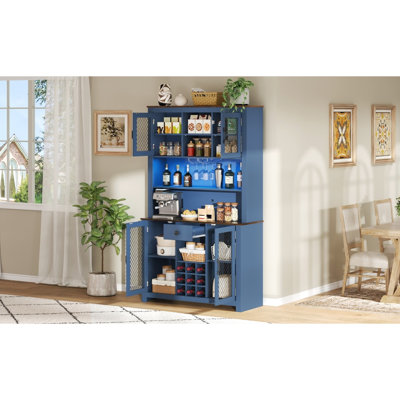 Armoire de cuisine 70,9 po bleu marine avec rangement pour bouteilles de vin, support en verre, tablettes réglables et éclairage à DEL pour le salon