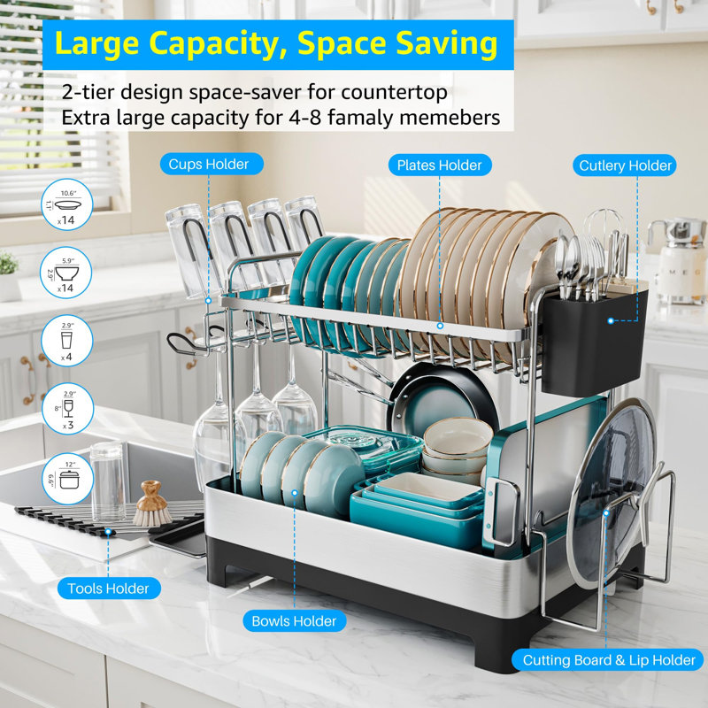 Extra Large Stainless Steel 2-Tier Dish Drying Rack with Utensil Cup