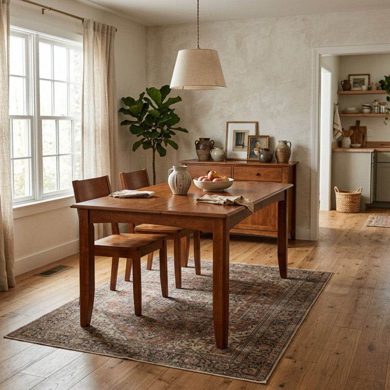 Dark Saddle Brown Finish Square Dining Table Set 7 Piece with 18 Inch Self Storing Leaf and 6 Napolian Microfiber Upholstered Seat Chairs