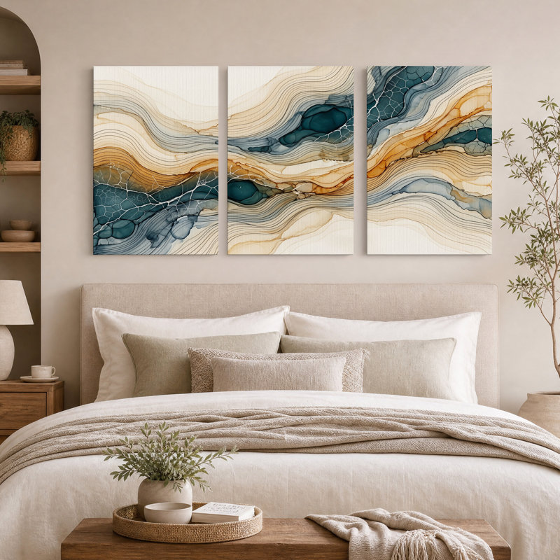 Ensemble de 3 toiles murales abstraites représentant des vagues fluides dans les tons turquoise et beige, 30"H x 20"W x 3pcs