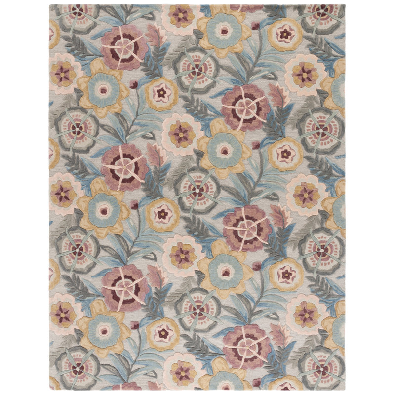 Orilla Tufted Wool/Cotton Floral Rug in Gray/Pink, Rectangle 8' x 10'