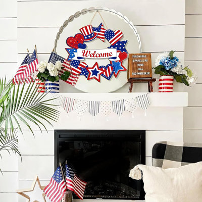 Wooden 4th Of July Door Wreath – Patriotic Star Welcome Sign For Front Door, Independence Day & Memorial Day Wall Hanging Decor