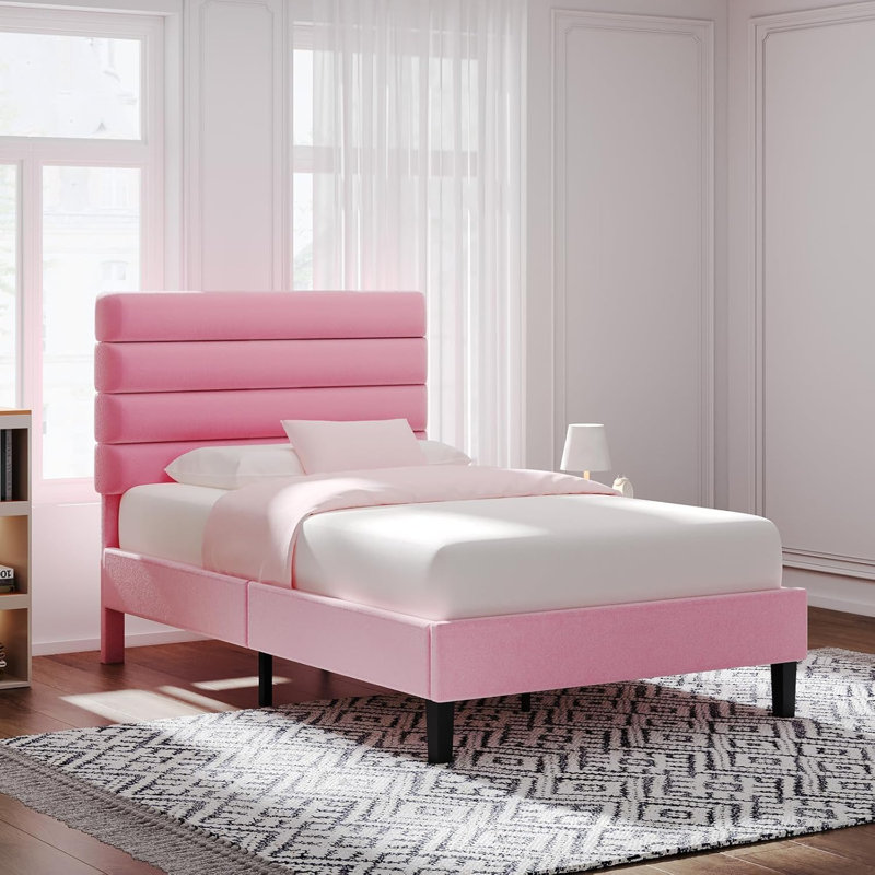 Cadre de lit avec tête de lit, cadre de lit plateforme avec tête de lit tapissier en velours, Simple, Rose