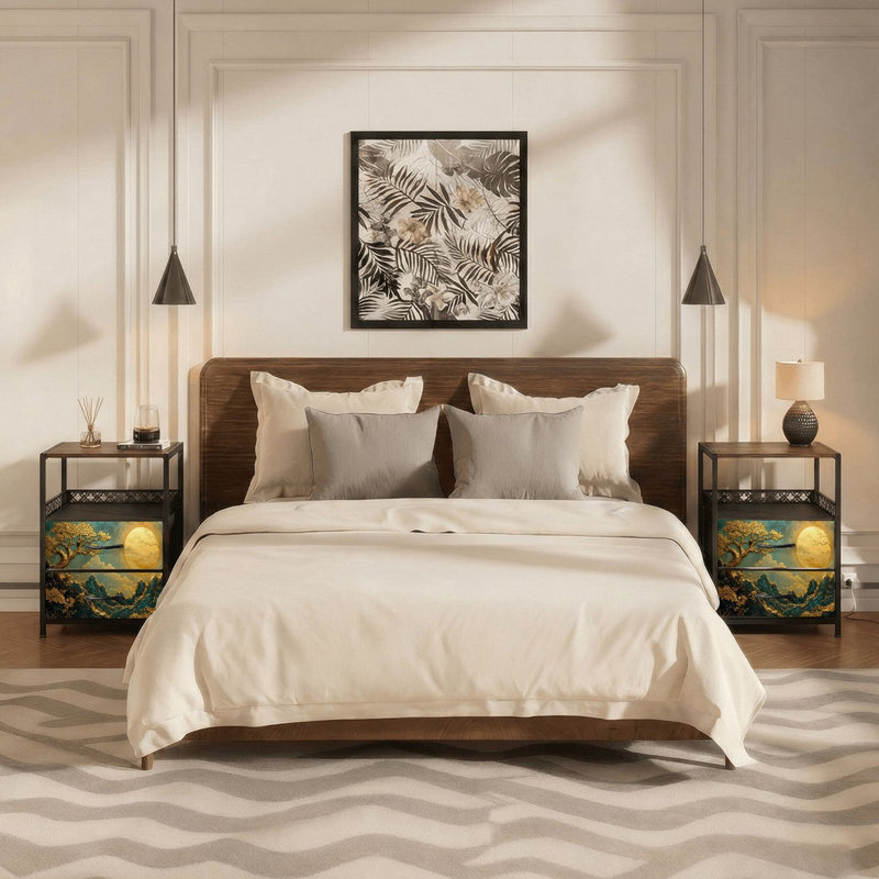 Table de chevet 2 tiroirs en tissu avec station de charge Golden Mountain Landscape